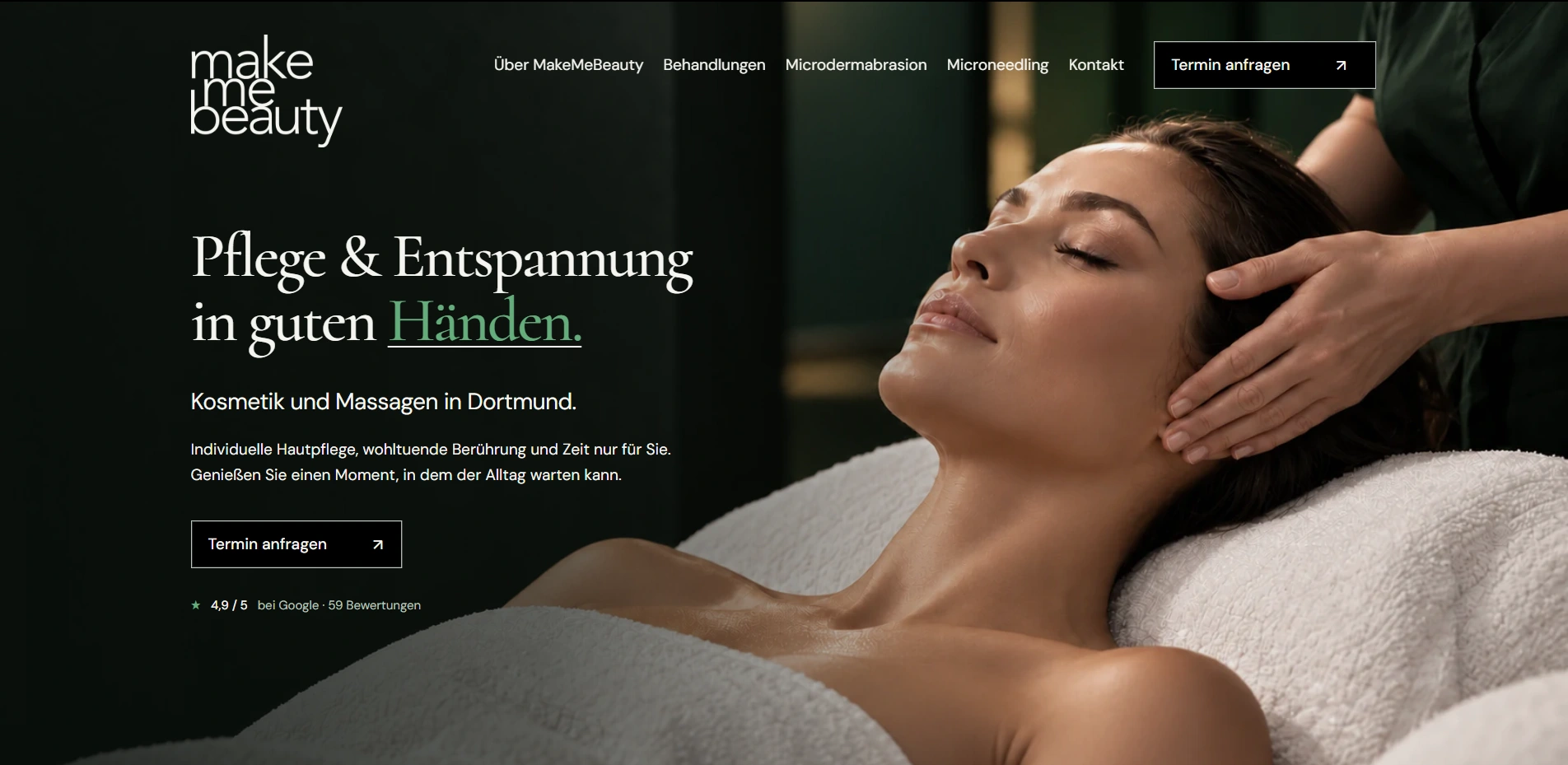 MakeMeBeauty homepage redesign with elegant typography and a facial treatment image