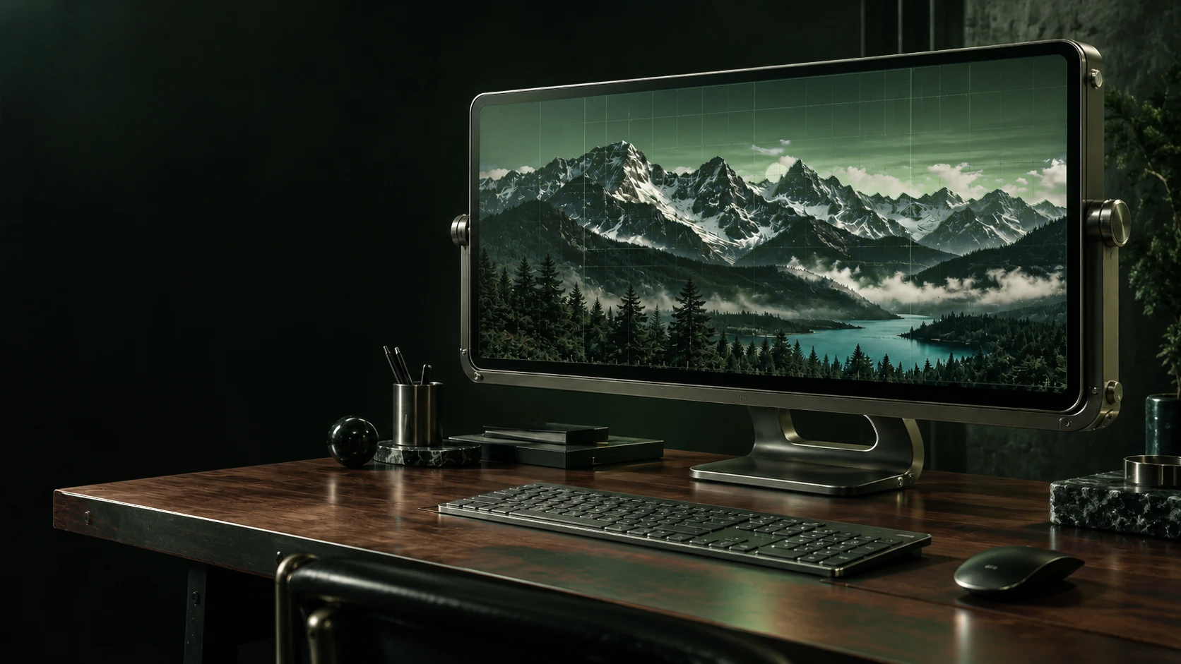 Dark green workstation with a walnut desk and an alpine landscape on the monitor